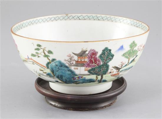 A Chinese famille rose landscape bowl, Qianlong period, diameter 20.2cm, rim crack A Chinese famille rose landscape bowl, Qianlong period, diameter 20.2cm, rim crack