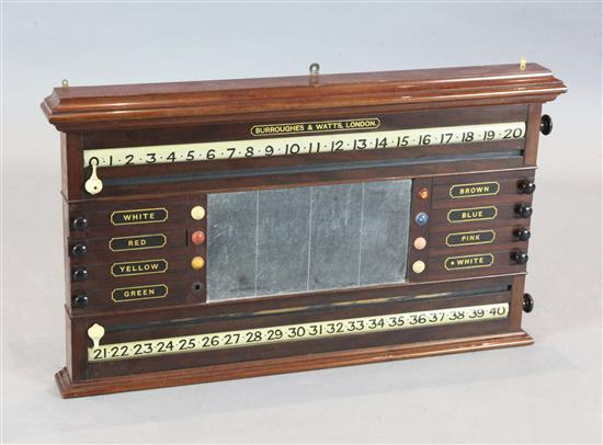 A Burroughes & Watts mahogany snooker and billiards scoreboard, width 35in. height 20.5in. A Burroughes & Watts mahogany snooker and billiards scoreboard, width 35in. height 20.5in.