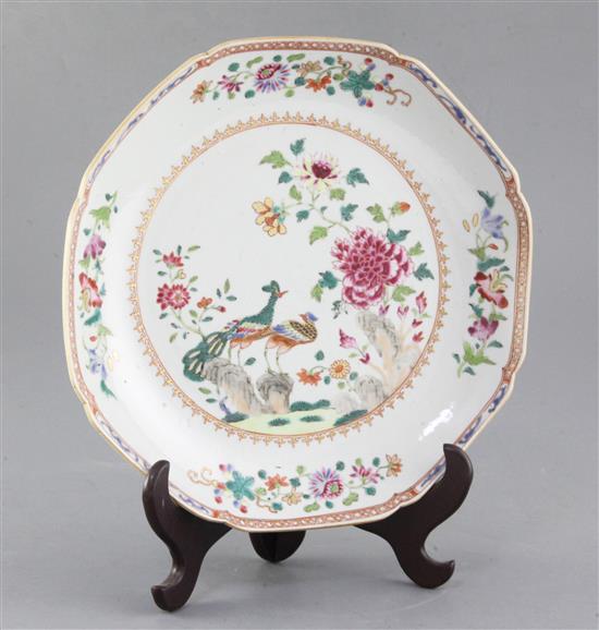 A Chinese export famille rose double peacock octagonal dish, Qianlong period, width 24.5cm A Chinese export famille rose double peacock octagonal dish, Qianlong period, width 24.5cm