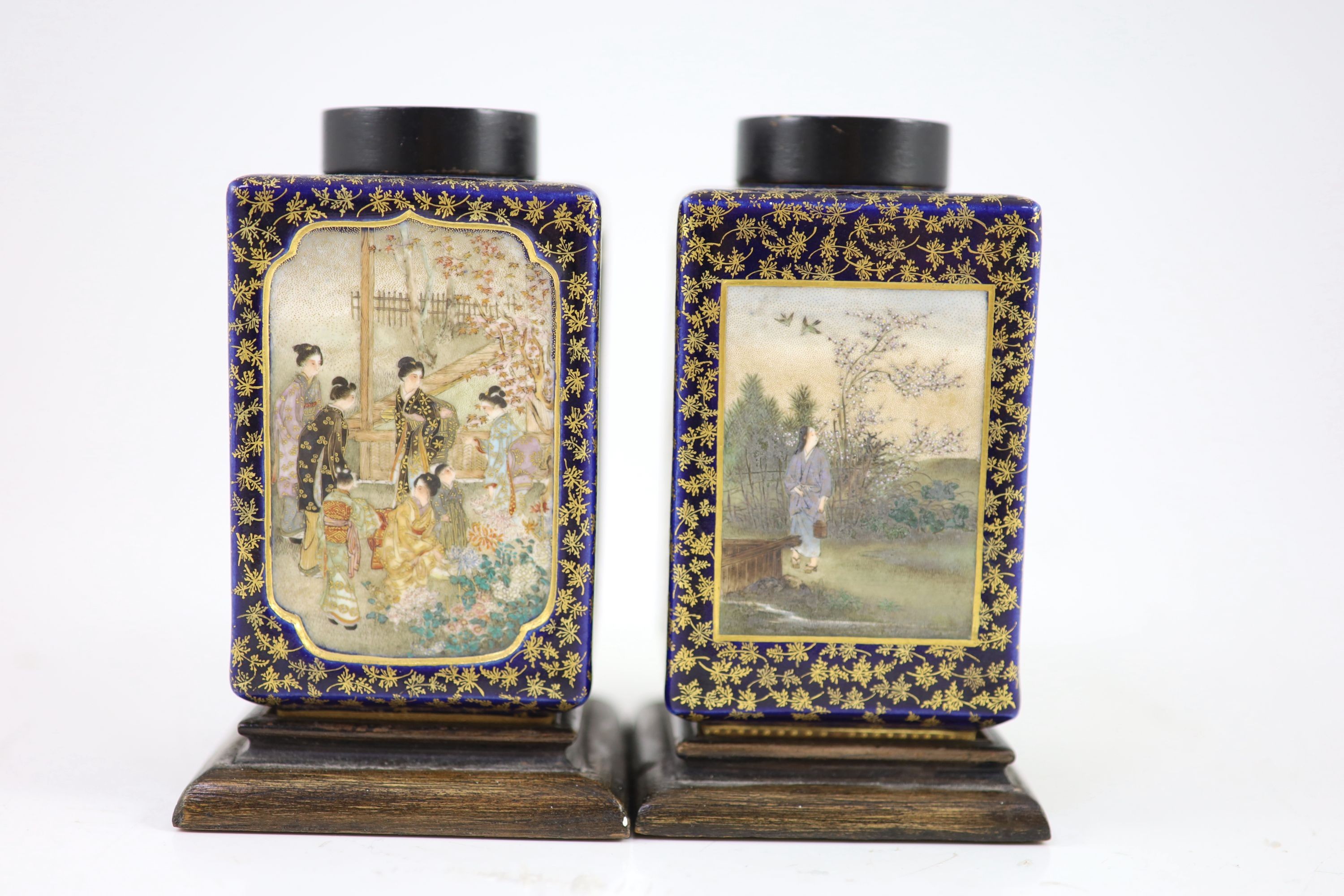 Two fine Satsuma rectangular jars and wooden covers, by Kinkozan, Meiji period, 11cm high, wooden covers and stands