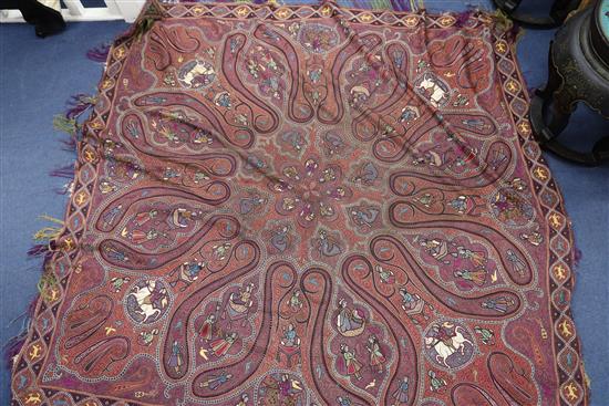A 19th century Kashmiri handwoven silk shawl, 161cm sq. A 19th century Kashmiri handwoven silk shawl, 161cm sq.