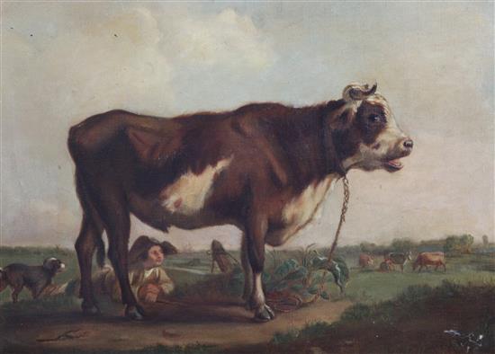 After Balthasar-Paul Ommeganck (1755-1826) A bull in a landscape, (Dulwich Picture Gallery) 13.5 x 18in. After Balthasar-Paul Ommeganck (1755-1826) A bull in a landscape, (Dulwich Picture Gallery) 13.5 x 18in.