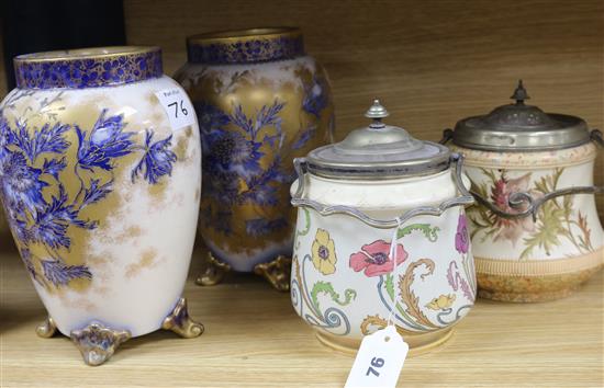 A Carlton ware Art Nouveau biscuit barrel, another barrel and a pair of vases (4) biscuit barrel height 18cm A Carlton ware Art Nouveau biscuit barrel, another barrel and a pair of vases (4) biscuit barrel height 18cm