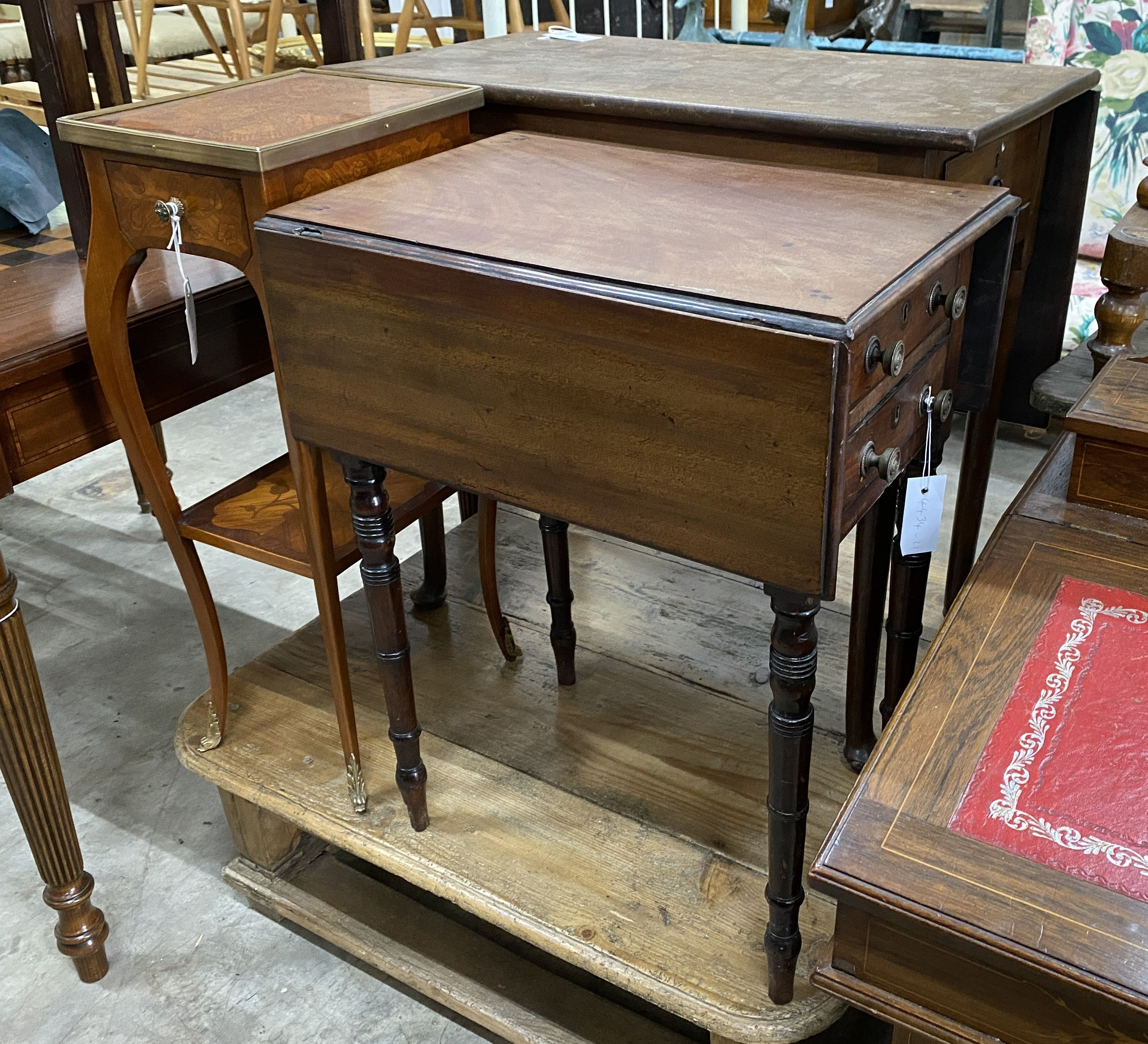 A Regency mahogany drop flap work table, width 50cm, depth 35cm, height 84cm