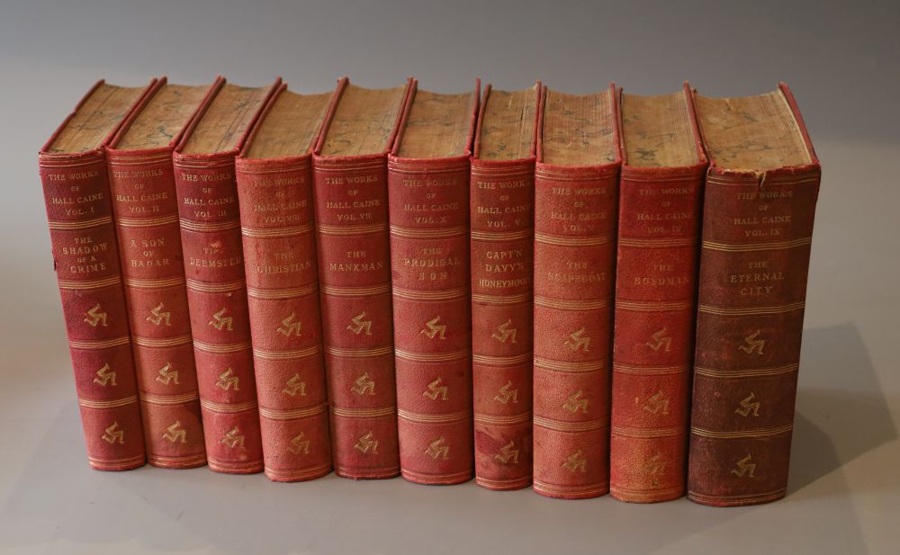 Caine, Hall - The Works of Hall Caine, 10 vols, 8vo, red leather backed red cloth, introduction by Bram Stoker, William Heinemann, Lond