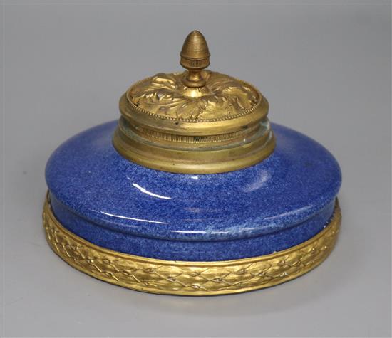 A Sevres Paul Milet period blue ground ormolu mounted ink well diameter 12cm A Sevres Paul Milet period blue ground ormolu mounted ink well diameter 12cm