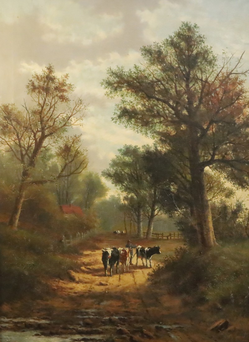 Late 19th century English School, oil on canvas, Cattle and drover on a lane, 100 x 75cm