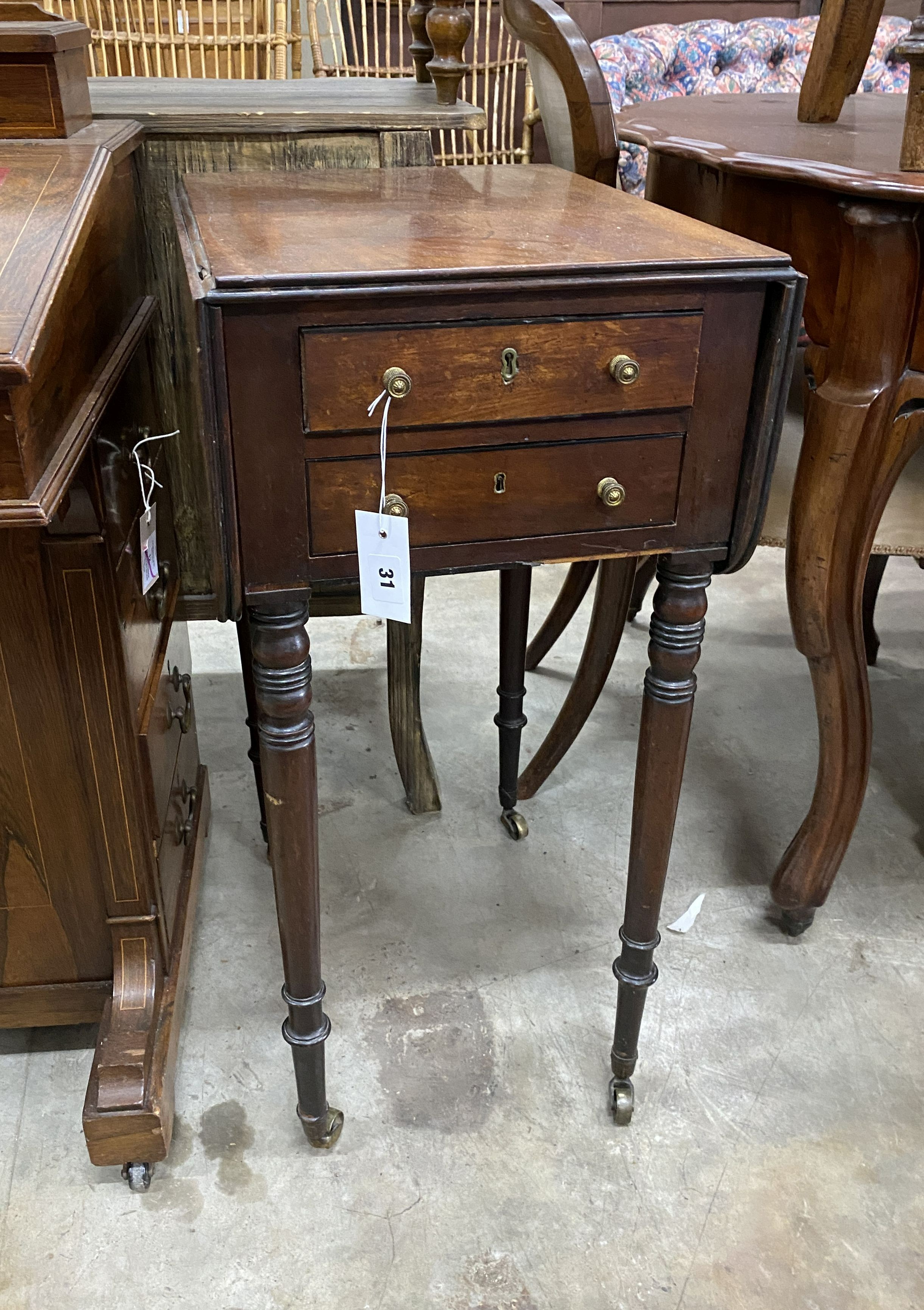 A Regency mahogany drop flap work table, width 46cm, depth 35cm, height 73cm