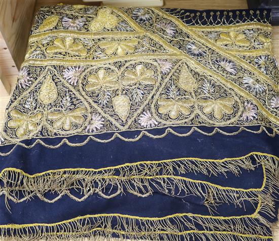 An Indian gilt metal thread embroidered wall hanging 65in x 65in An Indian gilt metal thread embroidered wall hanging 65in x 65in