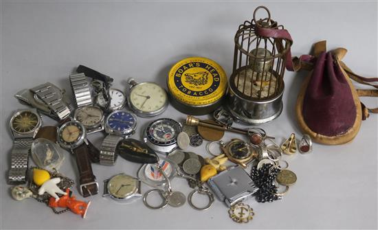A collection of watches, a singing bird timepiece, jewellery, etc.