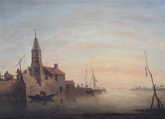 19th century Dutch School Estuary scene at sunset, 12.5 x 17in. 19th century Dutch School Estuary scene at sunset, 12.5 x 17in.