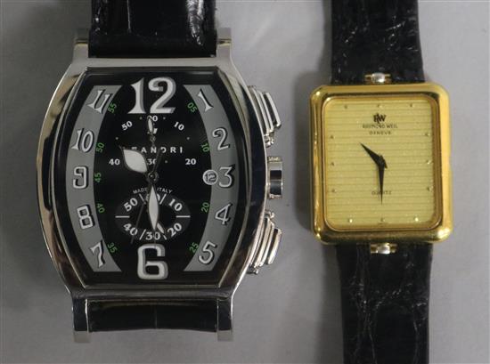 A Raymond Weil 18ct gold-plated quartz dress wristwatch and a Leandri Chronografio chromed wristwatch