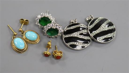 Four assorted pairs of earrings including 14k gold and coral and 9ct gold and turquoise. Four assorted pairs of earrings including 14k gold and coral and 9ct gold and turquoise.