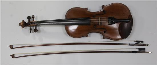 A violin stamped Thompsons London, length of back 35.2cm, cased A violin stamped Thompsons London, length of back 35.2cm, cased