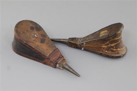 A pair of 18th century treen, leather and brass wig powdering bellows, A pair of 18th century treen, leather and brass wig powdering bellows,