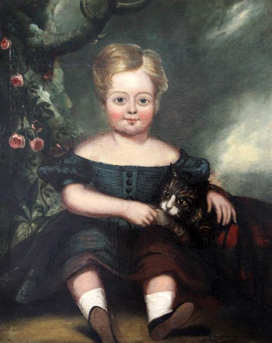 Early 19th century English School Portrait of a child seated with a cat and roses, 24 x 19.5in. Early 19th century English School Portrait of a child seated with a cat and roses, 24 x 19.5in.
