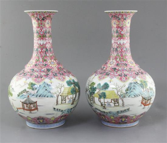 A pair of Chinese famille rose bottle vases, Republic period, height 36.5cm A pair of Chinese famille rose bottle vases, Republic period, height 36.5cm