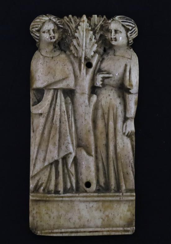 An Italian bone relief plaque, possibly Embriachi workshop, c.1390-1410, W.4.5cm H.9cm An Italian bone relief plaque, possibly Embriachi workshop, c.1390-1410, W.4.5cm H.9cm
