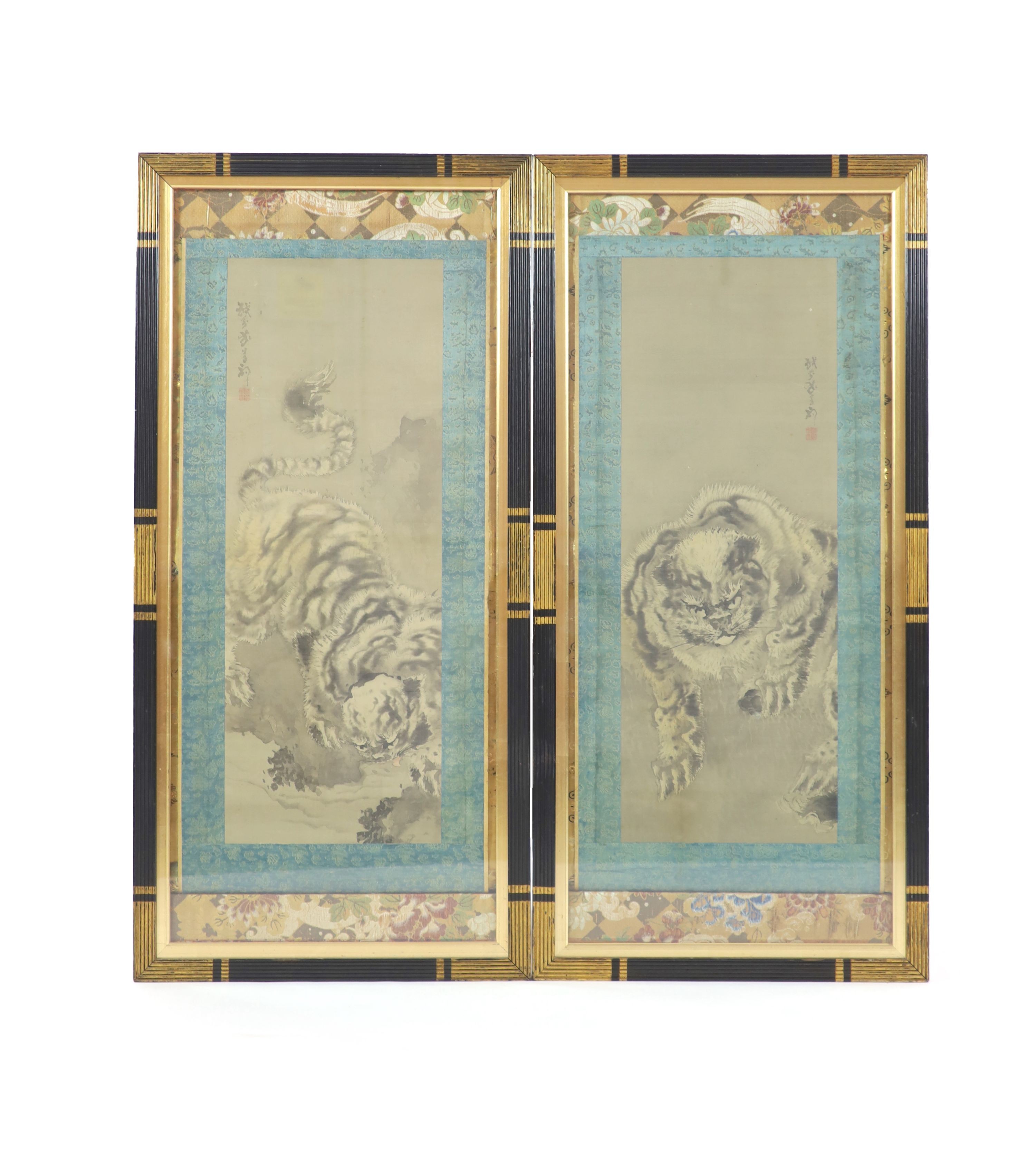 Kishi Ganku (1749-1838), a pair of Sumi paintings on silk of snow leopards, signed Tenkai Ganku, Images 104cm x 49.5cm