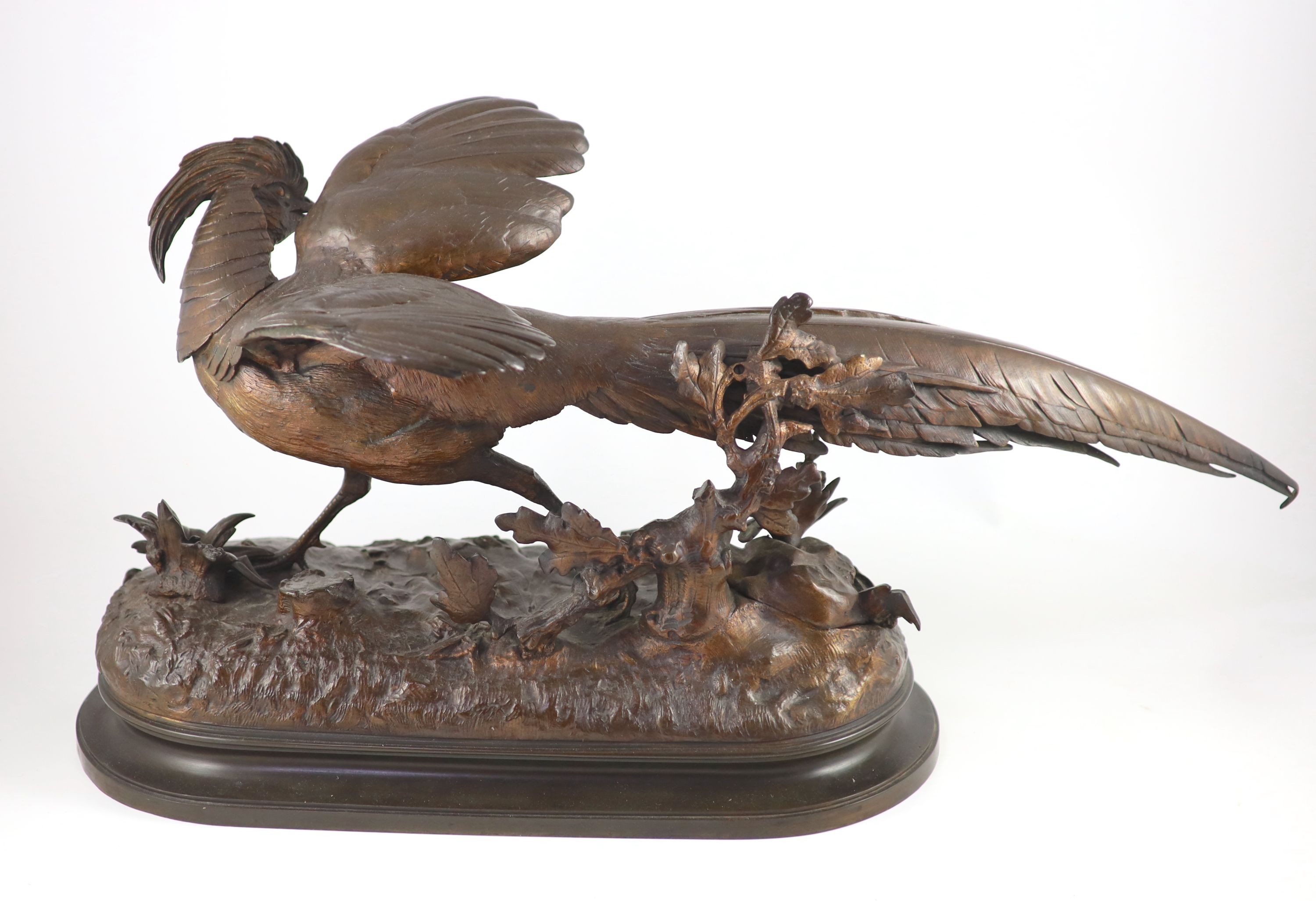 Jules Moigniez (1835-1894). A bronze group of an Golden Pheasant startled by a lizard width 78cm height 39cm