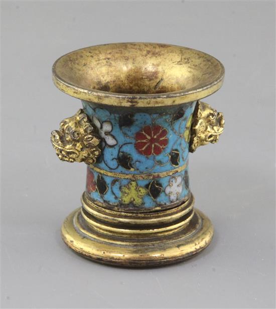 A Chinese Ming dynasty cloisonne enamel joss stick holder, 15th/16th century h. 6cm A Chinese Ming dynasty cloisonne enamel joss stick holder, 15th/16th century h. 6cm