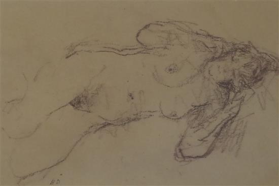 Bernard Dunstan (1920-2017), chalk on brown paper, Nude, initialled, Mall Galleries Exhibition label verso, 19 x 28cm