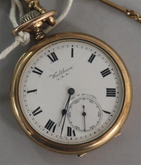 A Waltham gold plated pocket watch and a 9ct albert.