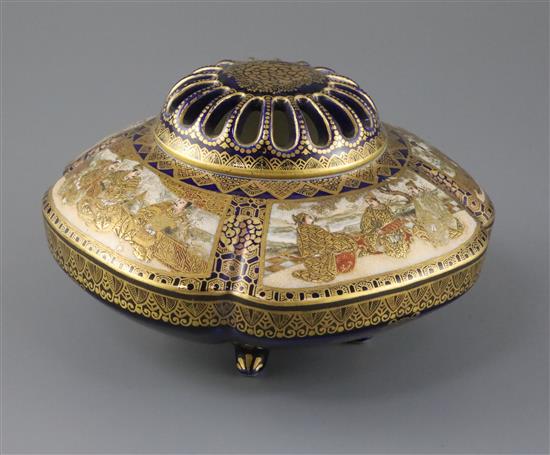 A Japanese Satsuma pottery koro and cover, by Kinkozan, Meiji period, W.16.5cm A Japanese Satsuma pottery koro and cover, by Kinkozan, Meiji period, W.16.5cm