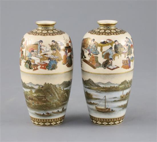 A fine pair of Japanese Satsuma pottery ovoid vases, by Yabu Meizan, Meiji period, H.12cm A fine pair of Japanese Satsuma pottery ovoid vases, by Yabu Meizan, Meiji period, H.12cm