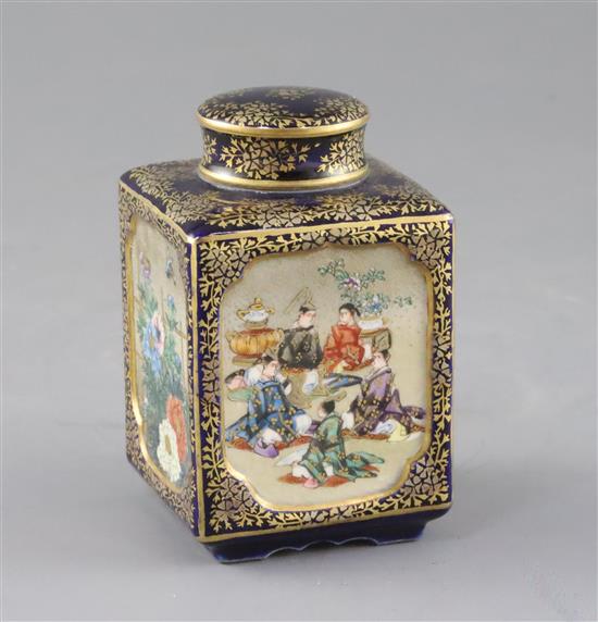 A Japanese Satsuma pottery square tea caddy and cover, by Kinkozan, Meiji period, H.9cm A Japanese Satsuma pottery square tea caddy and cover, by Kinkozan, Meiji period, H.9cm