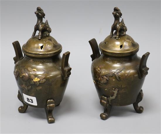 A pair of Japanese bronze and mixed metal koros and covers, Meiji period height 21.5cm