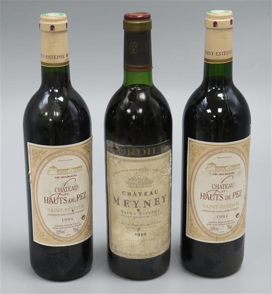 A bottle of Chateau Meyney, St. Estephe, 1980 and two bottles of Chateau Haut des Pez, St. Estephe, 1994 A bottle of Chateau Meyney, St. Estephe, 1980 and two bottles of Chateau Haut des Pez, St. Estephe, 1994