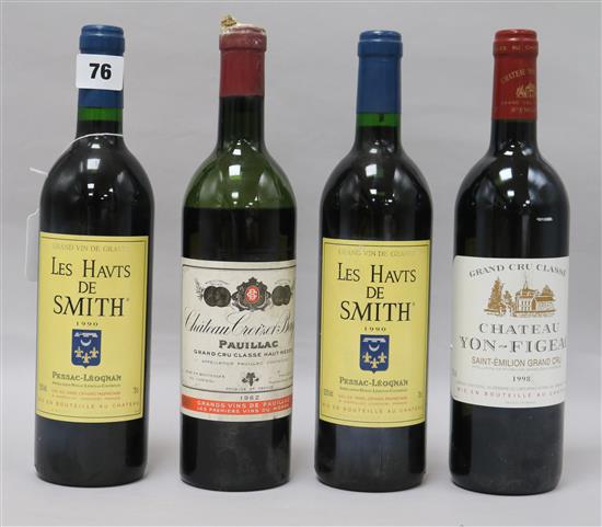 A bottle of Yon Figeac, St. Emilion, 1998, two bottles of Les Haut de Smith, 1990 and one bottle of Croiuzet Bage, 1962 (a.f.) A bottle of Yon Figeac, St. Emilion, 1998, two bottles of Les Haut de Smith, 1990 and one bottle of Croiuzet Bage, 1962 (a.f.)