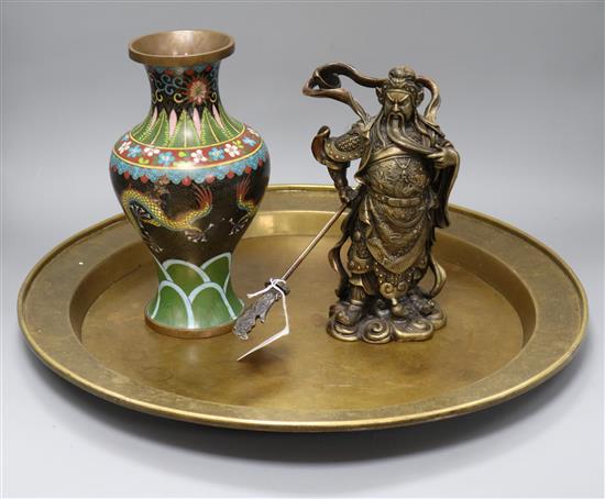 A Chinese cloisonne enamel vase, a brass tray and a bronze figure of a deity tray diameter 52.5cm