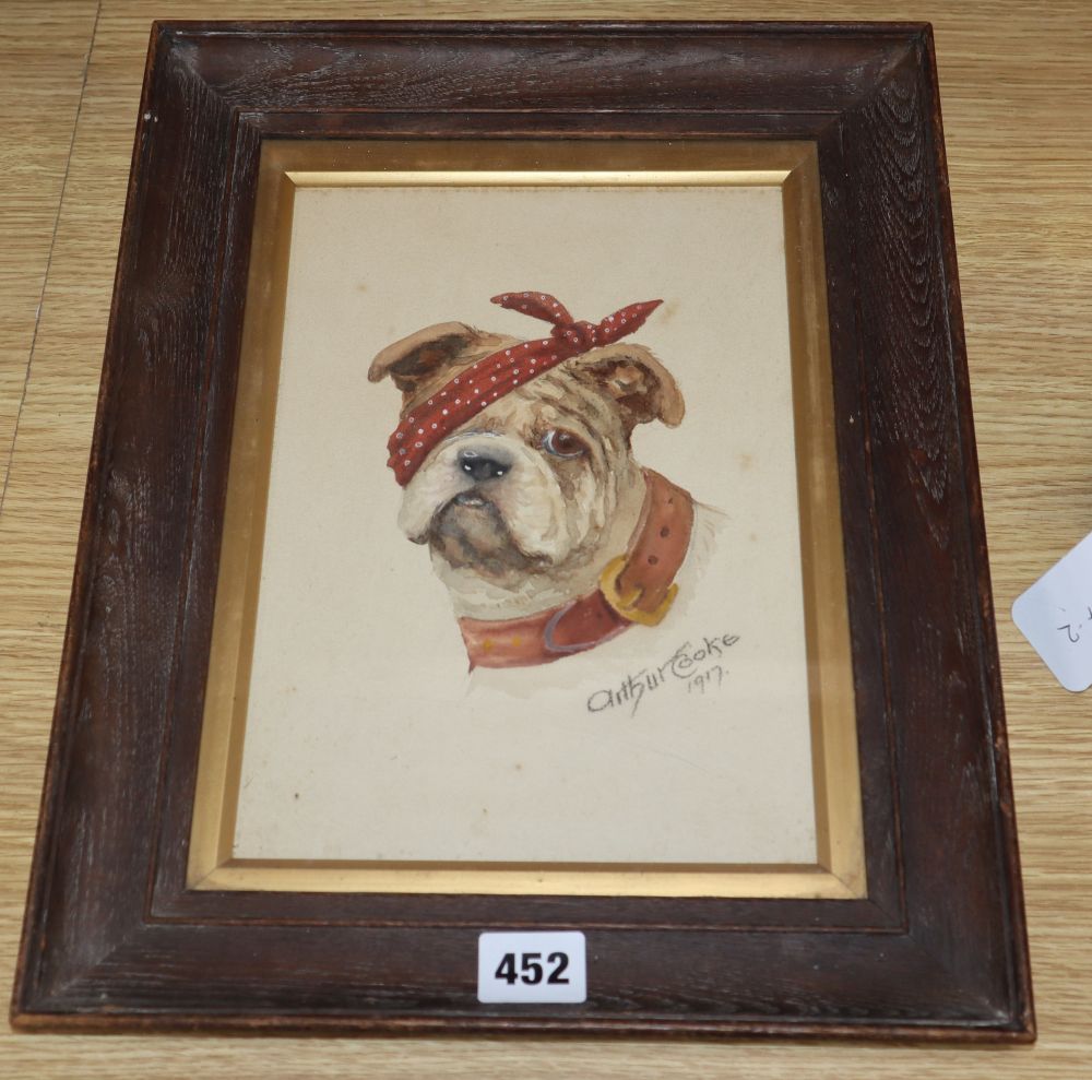 Arthur Cooke (1867-1951) watercolour, Bulldog with an eye patch, signed and dated 1917, 25 x 18cm