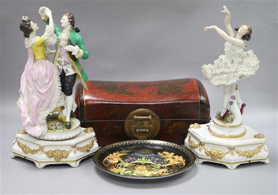 Two musical figure groups, a Chinese box and a Russian wall plate Two musical figure groups, a Chinese box and a Russian wall plate