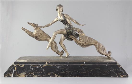 Jean Lormier (French 19th/20th century). An Art Deco patinated bronze group of a young lady with a pair of borzois, The Dance, 32in., Jean Lormier (French 19th/20th century). An Art Deco patinated bronze group of a young lady with a pair of borzois, The Dance, 32in.,
