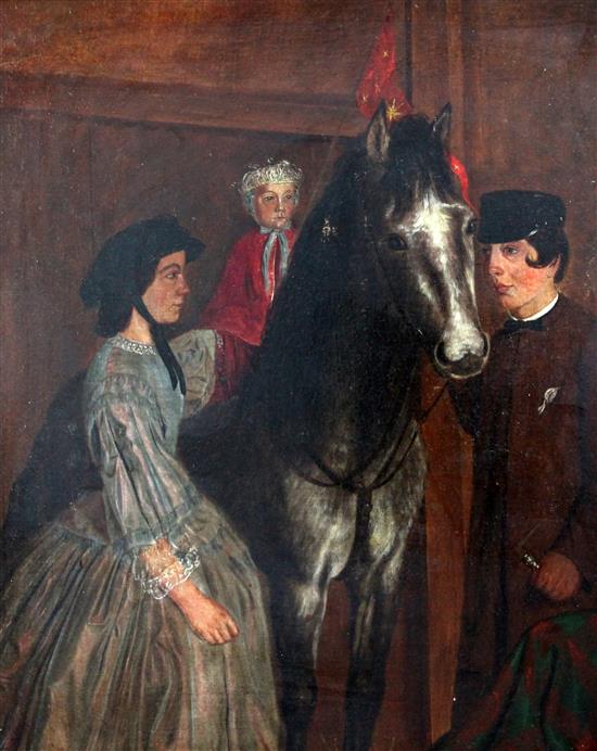 19th century English School Naive portrait of a child upon a horse, flanked by attendants, 25 x 21in. 19th century English School Naive portrait of a child upon a horse, flanked by attendants, 25 x 21in.