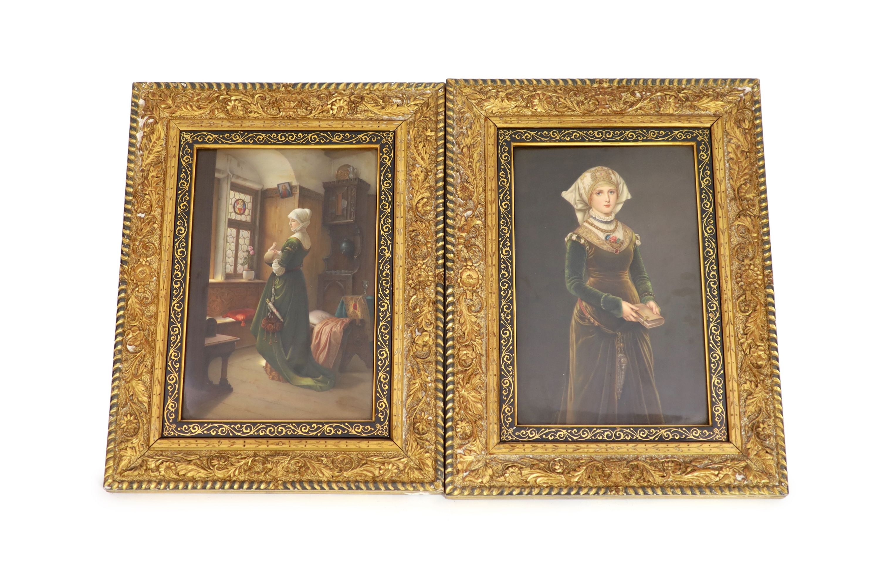 A pair of KPM Berlin porcelain plaques, late 19th century, in original giltwood and parcel ebonised frames, 58.5 cm x 44.5 cm