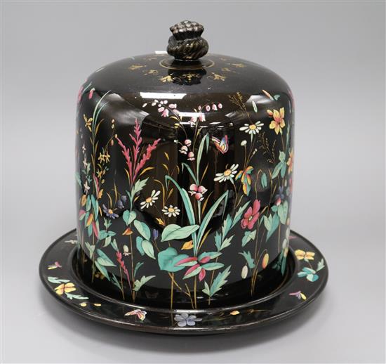 A Jackfield type black glazed floral and butterfly decorated stilton dish, overall height 29cm