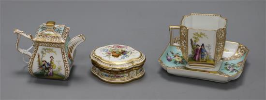 A Dresden cup and saucer, a Dresden miniature and a Continental trinket box saucer 10.5cm