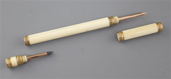 A rare 19th century French gold mounted marine ivory combination pen/pencil, 5.25in., housed in a red leather case A rare 19th century French gold mounted marine ivory combination pen/pencil, 5.25in., housed in a red leather case