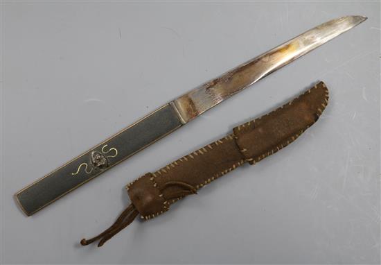 A Japanese bronze and mixed metal handled kozuka, handle and blade signed A Japanese bronze and mixed metal handled kozuka, handle and blade signed