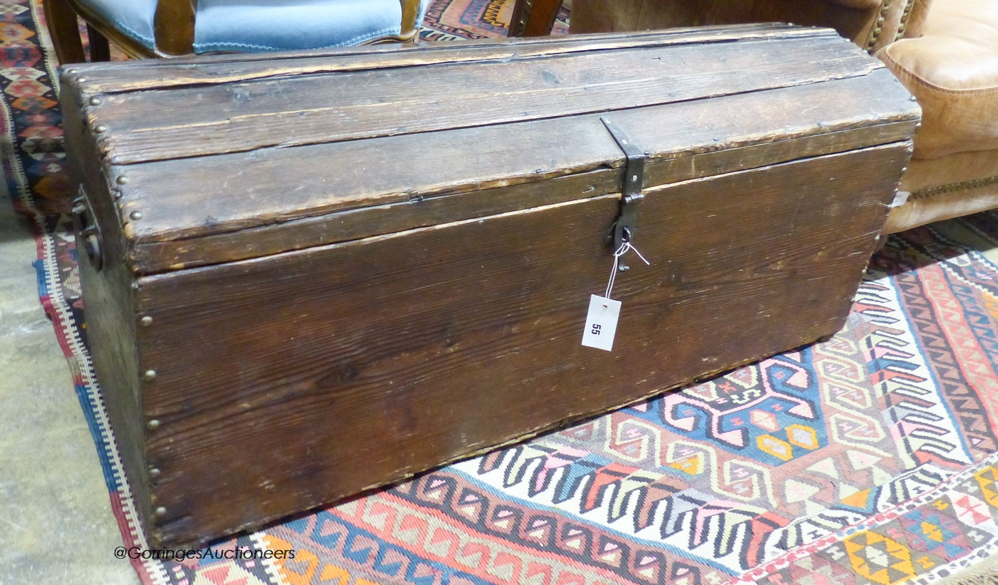 A Victorian pine domed top trunk, length 104cm, depth 36cm, height 43cm