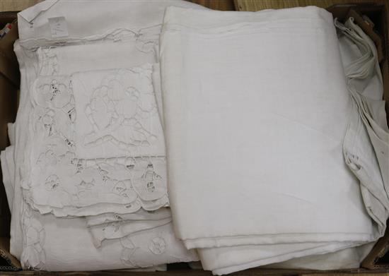 An ornate French linen sheet, pillowcase and mixed damask An ornate French linen sheet, pillowcase and mixed damask