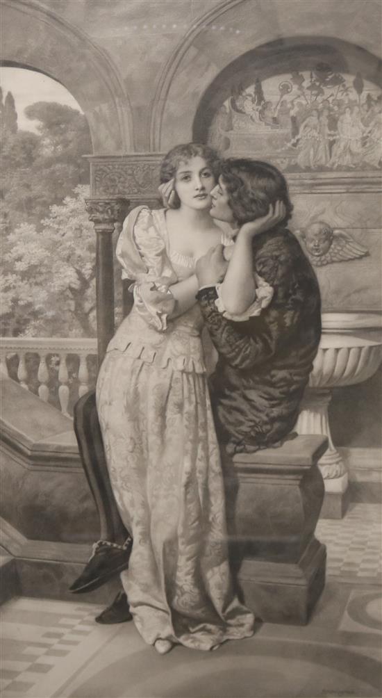 After Edward Robert Hughes (1851-1914), a mezzotint depicting lovers on a balcony, After Edward Robert Hughes (1851-1914), a mezzotint depicting lovers on a balcony,