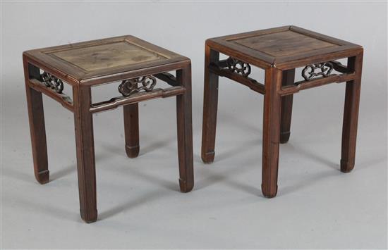 A pair of Chinese hongmu square tables, 19th century, width 41cm height 49cm A pair of Chinese hongmu square tables, 19th century, width 41cm height 49cm