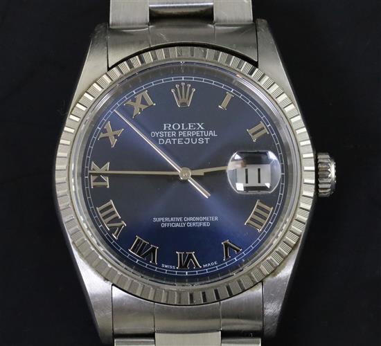 A gentlemens Rolex stainless steel Oyster Perpetual Datejust Superlative Chronometer with blue Roman dial, original box and papers, A gentlemens Rolex stainless steel Oyster Perpetual Datejust Superlative Chronometer with blue Roman dial, original box and papers,