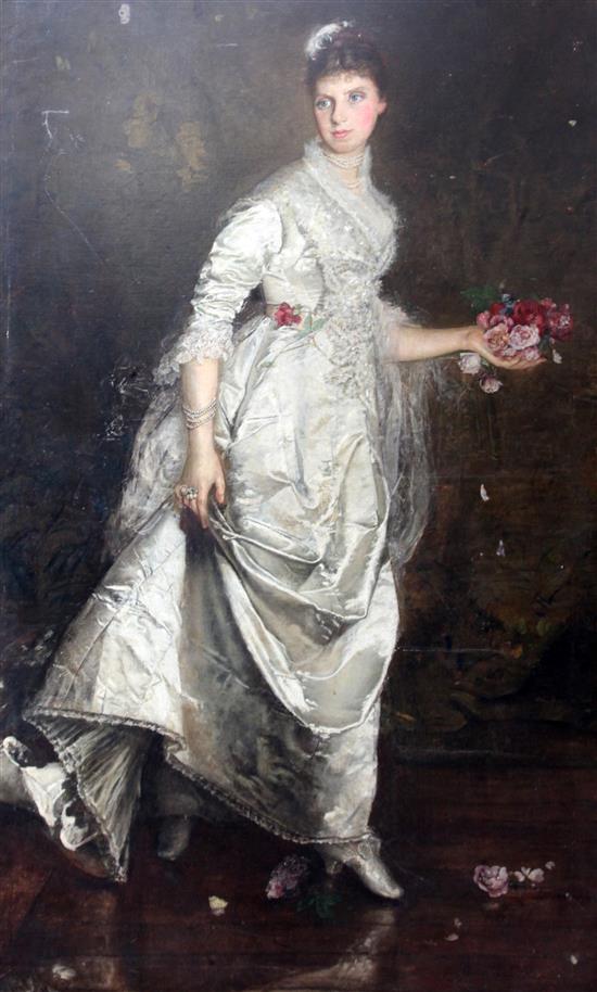 Annie Louisa Swinnerton RA (1844-1933) Full length portrait of a lady wearing a white dress and holding a bouquet of roses 76 x 45in.