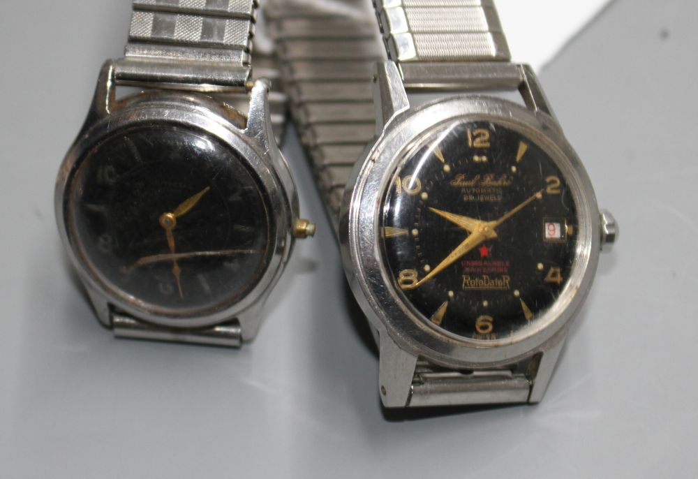 Two gentlemans stainless steel black dial wrist watches including automatic and Universal(a.f.).